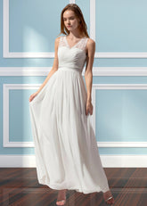 Ula | A Line Corset Lace Embroidered White Chiffon Long Bridesmaid Dress - Price #price_variant_lowest# - White - PromDressClub